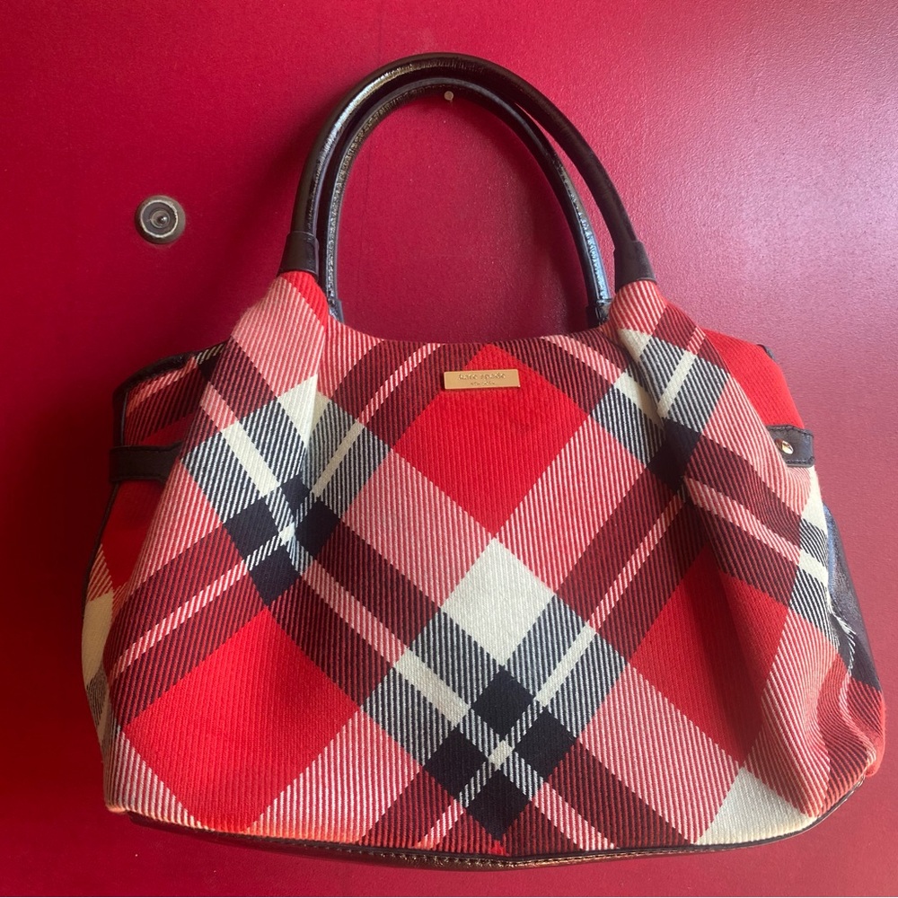 kate spade Red Plaid Tote with Black and Cream Accents and Dark Brown Handles